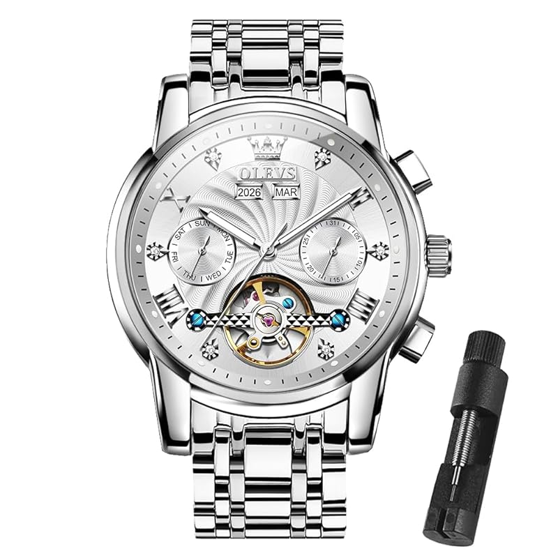 OLEVS Herrenuhren Automatik Mechanische Armbanduhr mit Tourbillon Kalender Wasserdicht Leuchtende Uhren Männer 7088 Alle Silber