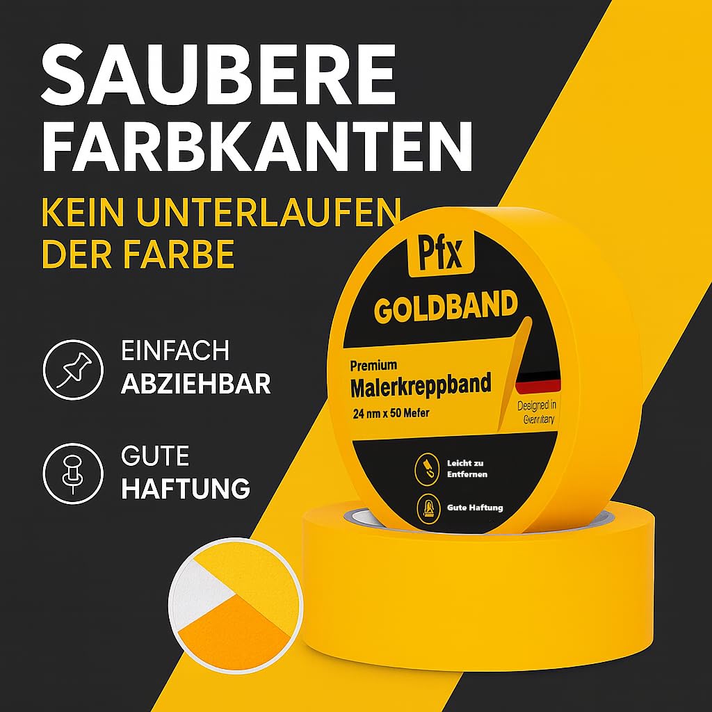 Taśma malarska PfX Goldband – 3 x taśma malarska 24 mm x 50 m (rolka), profesjonalna taśma maskująca, taśma Washi Tape, złota taśma papierowa, samoprzylepna, czyste krawędzie i precyzyjne naklejanie