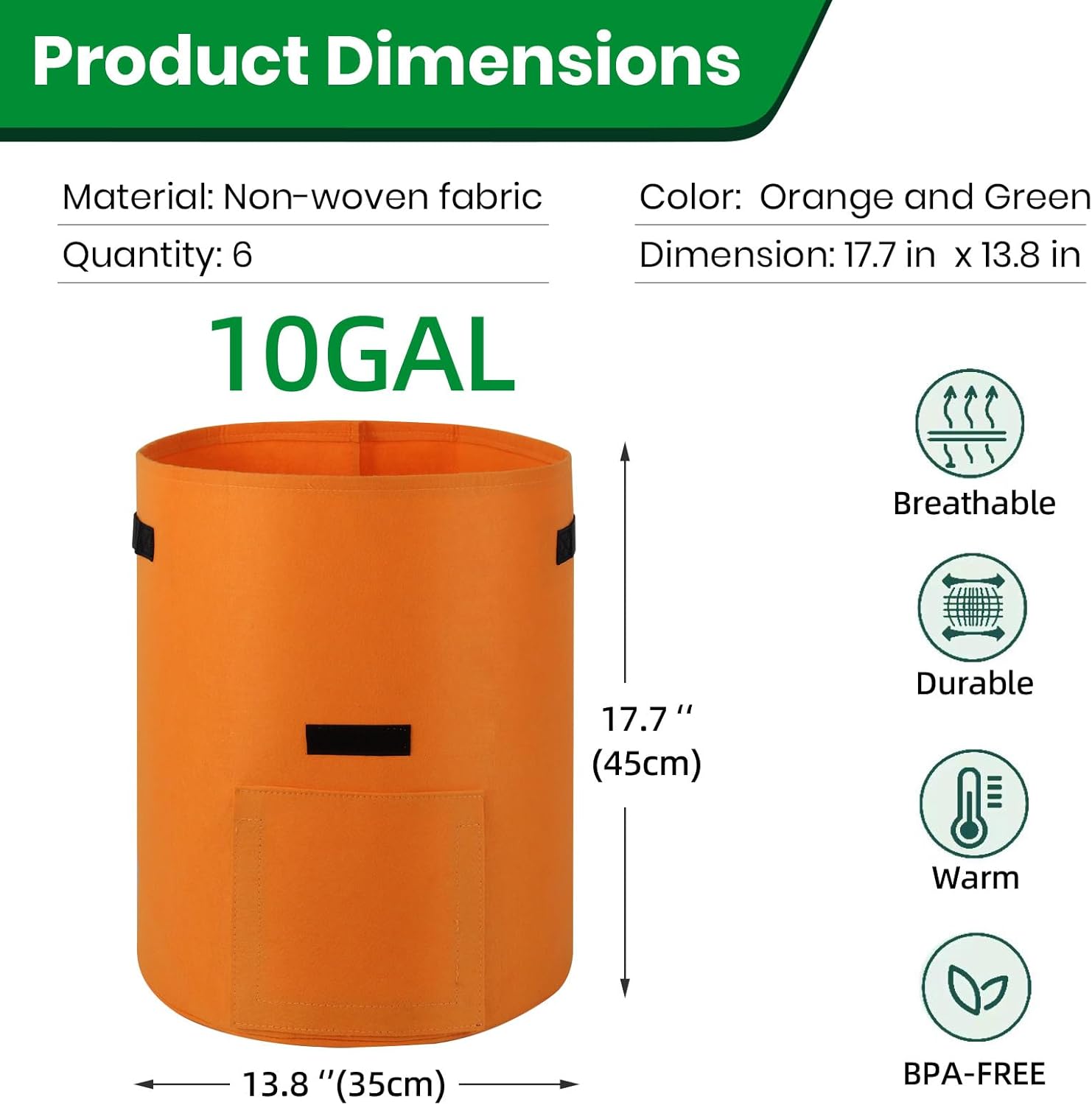 6 Pack Potato Grow Bags, 10 Gallon Planting Bags Large Fabric Pots with Flap Window Vegetable Planter Garden Pot Tall Potato Growing Containers with Handles for Vegetables, Fruits, Green + Orange