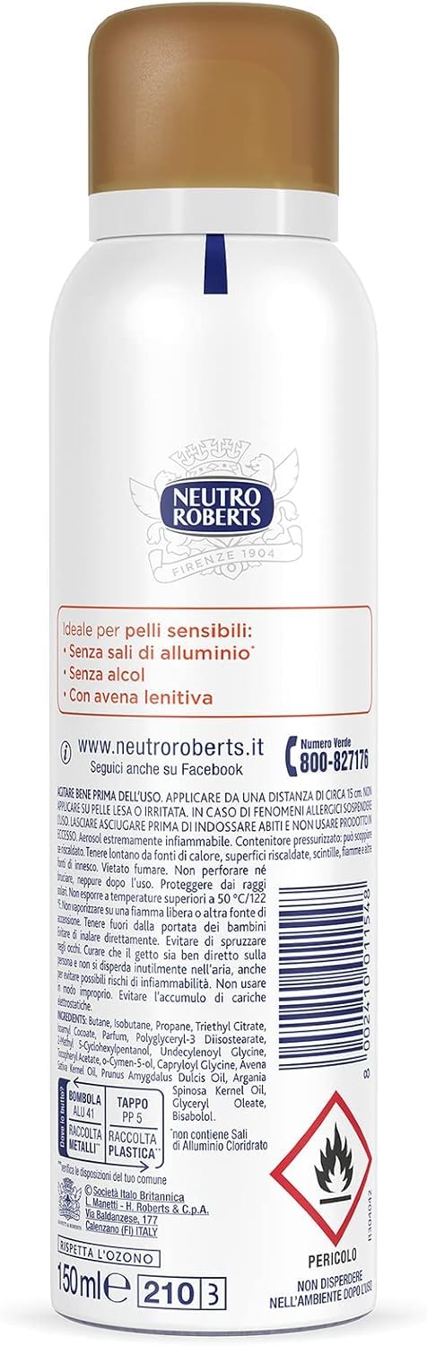 12X Neutro Roberts Deodorant Spray Pelle Sensibile, mit Hafer und Argan, 48h Schutz, ohne Aluminiumsalze und Alkohol, 150ml,+ Italy Shop Service Kostenloser Schlüsselanhänger