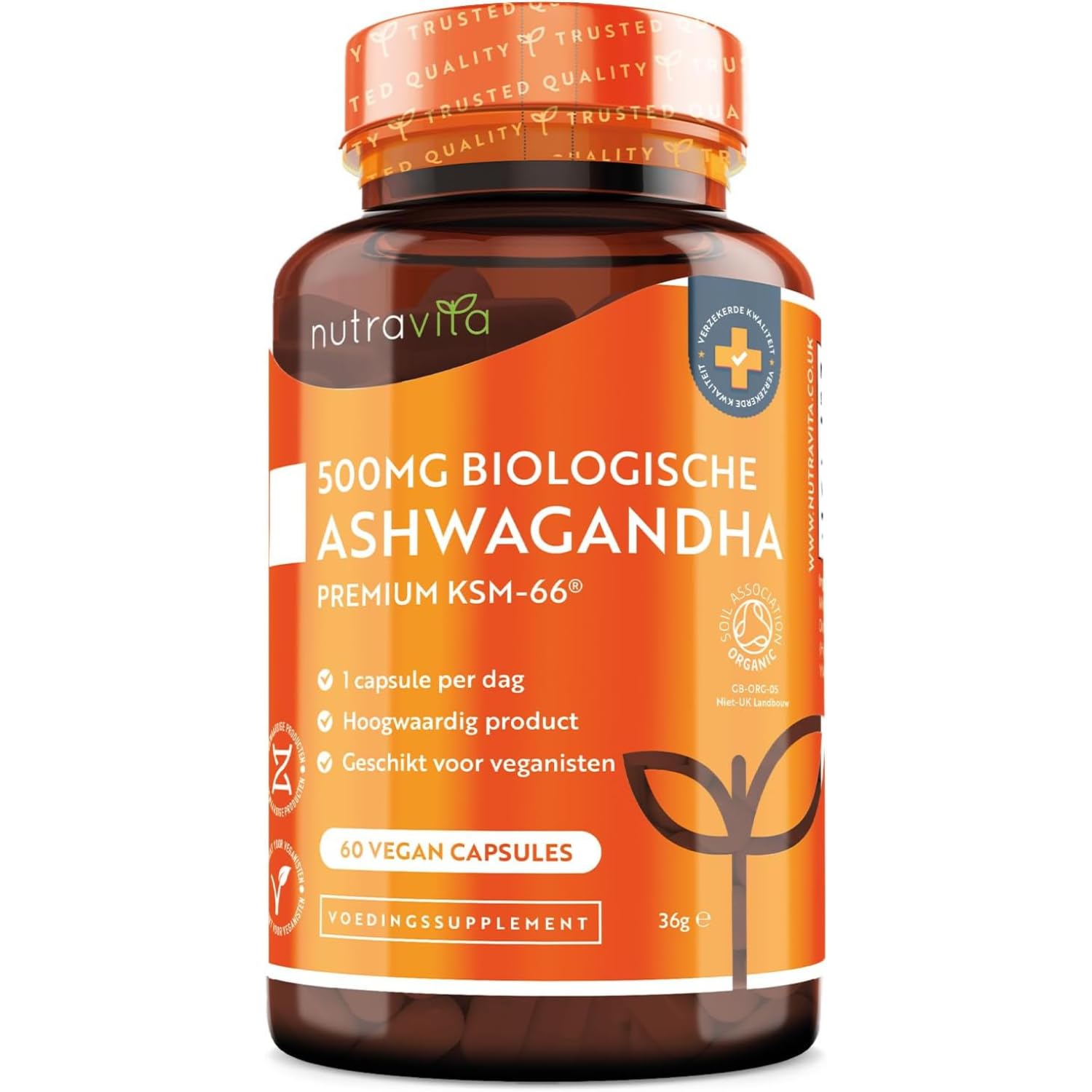 500mg Premium KSM-66 Ashwagandha per Vegan Capsule Certified Organic by Soil Association Made in The UK
