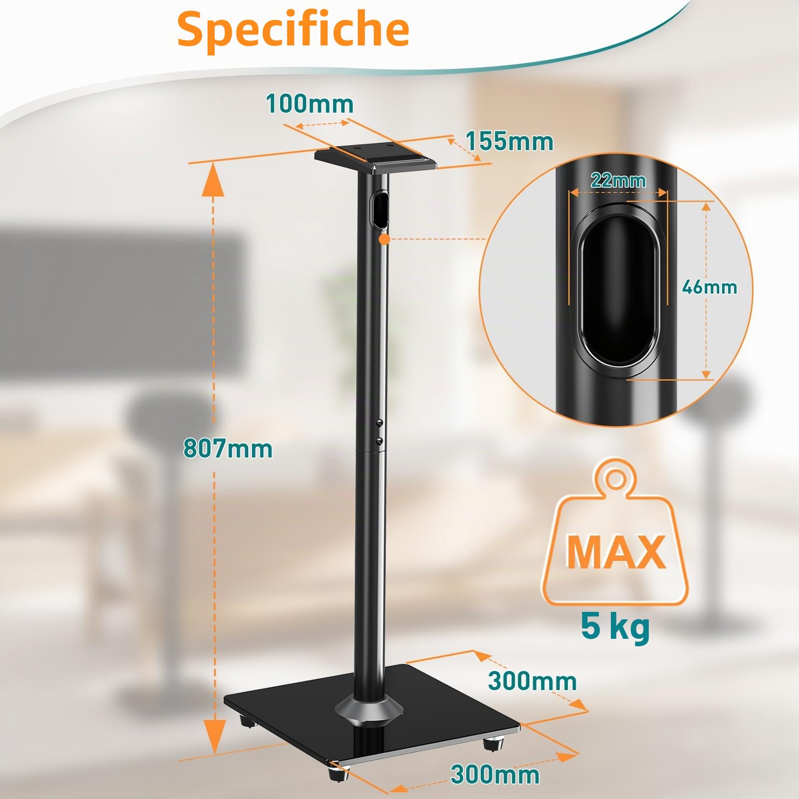 ELIVED Supporti per altoparlanti per Sonos Era 300, altezza 807 mm, supporto per altoparlante fino a 5 kg, supporto per altoparlanti surround con 2 tipi di cuscinetti per piedi, gestione dei cavi, 1