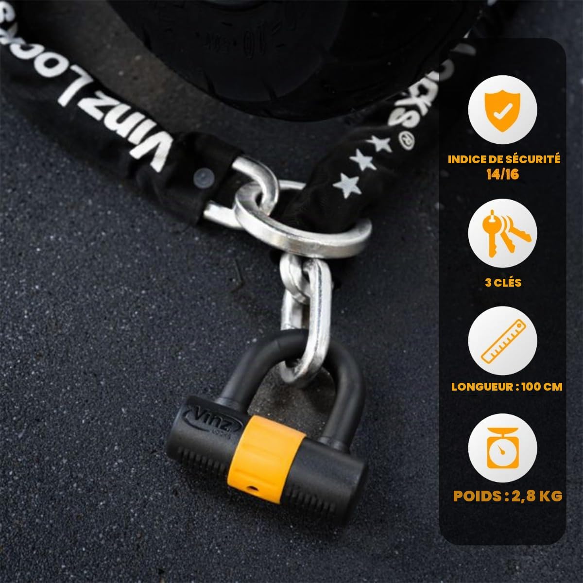 VINZ Kungur Antivol Scooter | Cadenas de chaîne ø10mm | Certification Art 3 |pour Moto, cyclomoteur, vélo électrique | Verrouillage de chaîne Loop U-Lock sécurisé | 100-300 cm x (100 cm)