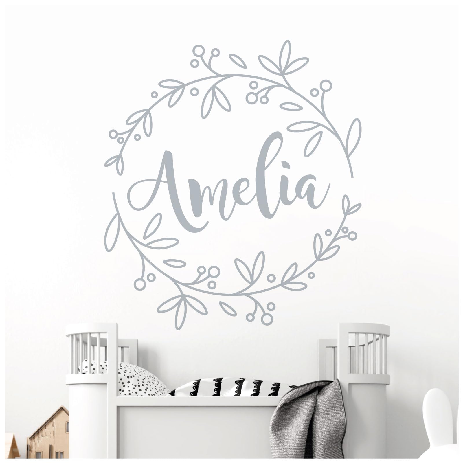 Personalised Name - Floral Wreath - Nursery Vinyl Wall Decal Sticker [Large] [Silver]