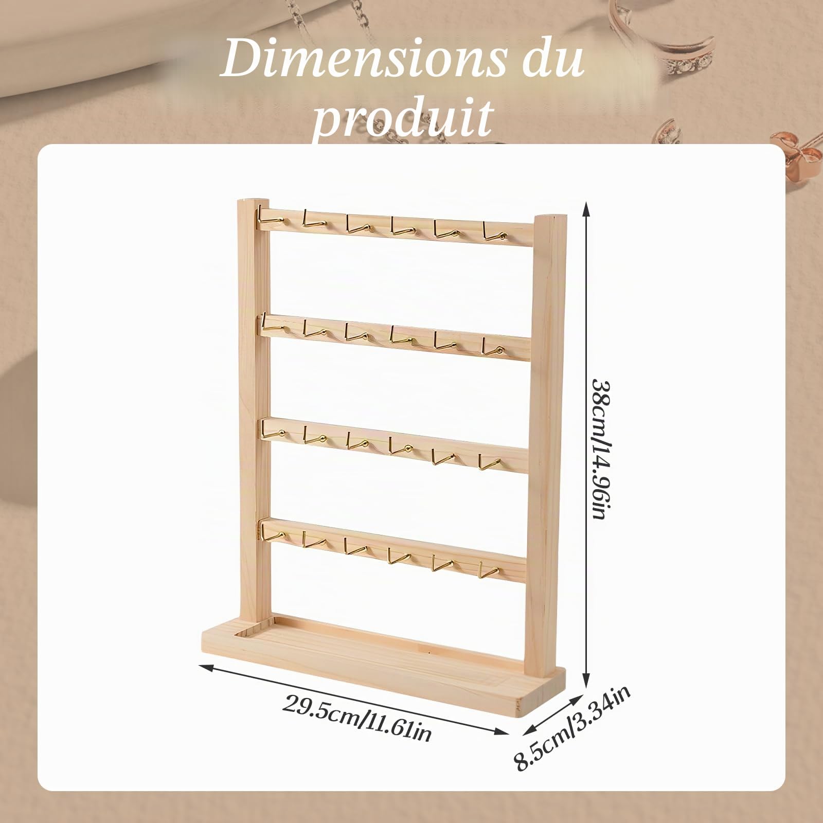Présentoir de Bijoux, Présentoir à Bijoux en Bois à 4 Niveau Présentoir à Bijoux avec 24pcs Crochets Base en Bois pour Cartes de Boucles d'oreilles Bracelets