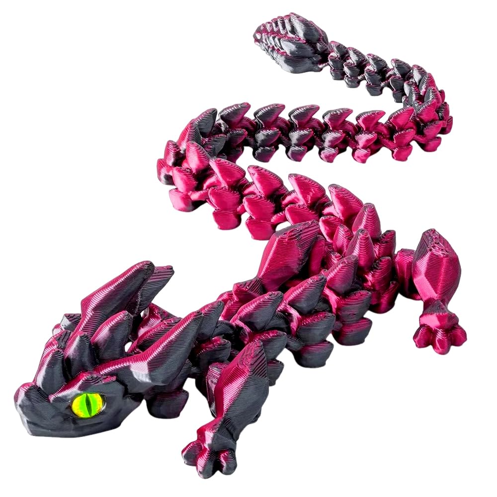 3D Printed Dragon Toys with Eyes, 24 inches 3d Printed Dragon Large, Bendable and Flexible Big Fidget, Articulated Serpent Figure for Home Office Decor, Desk Toys Birthday Gifts (Laser Black Red)