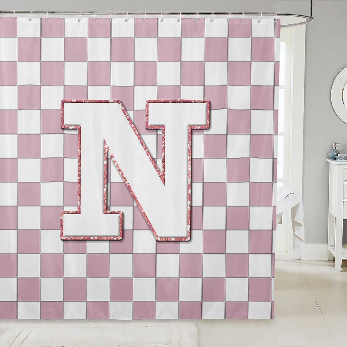 Erosebridal Pink Initial N Bathroom Accessories Kawaii Plaid Checkered Shower Curtain Cute Personalized Monogram Bathroom Curtain for Kids Girls 72" Wx72 L Fashion Grids Gingham Shower Decor