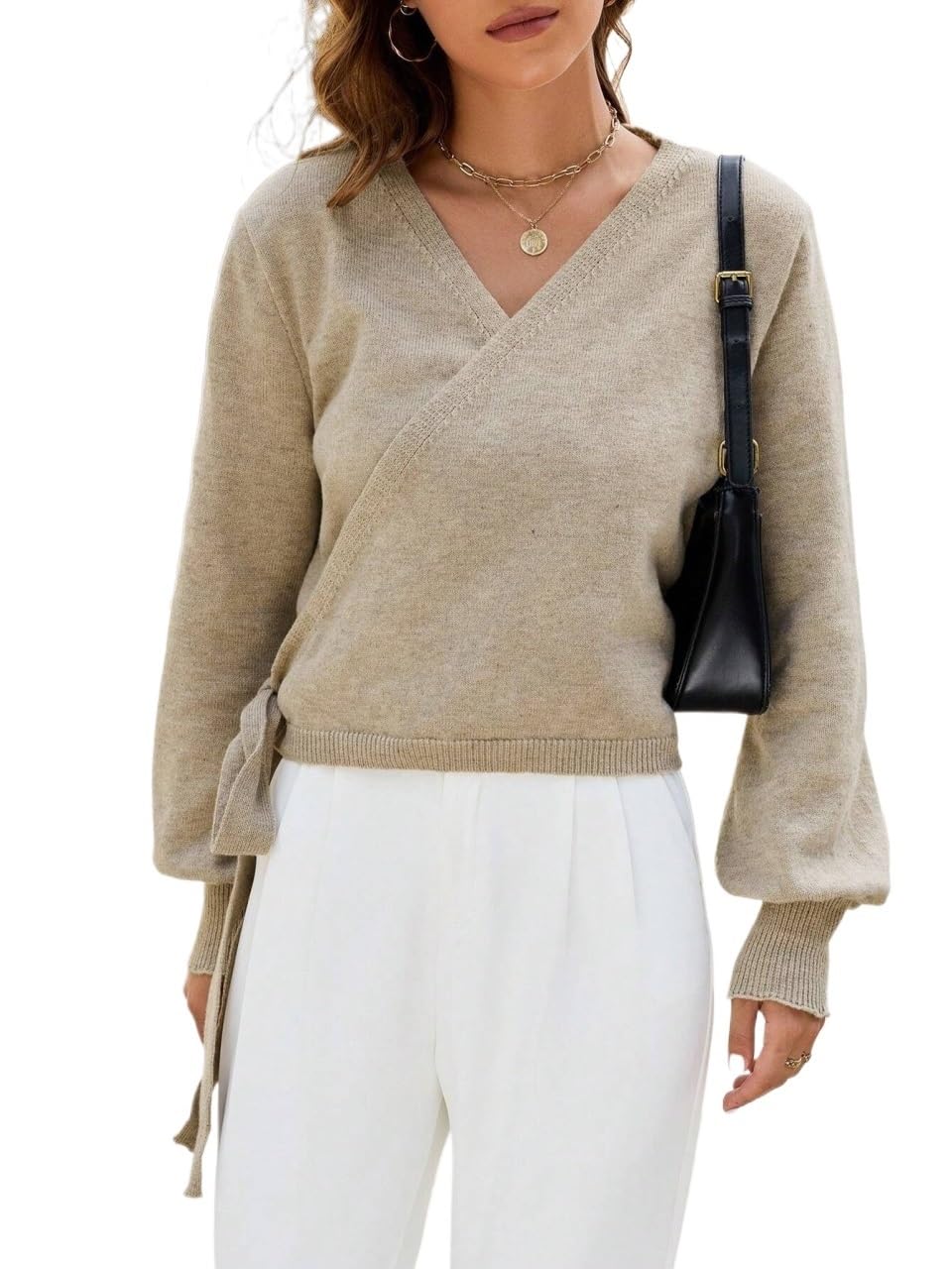 Wrap V-Neck Lantern Sleeve Tie Side Crop Knit Sweater Autumn Winter Womens Fashion Casual Cardigan Sweaters