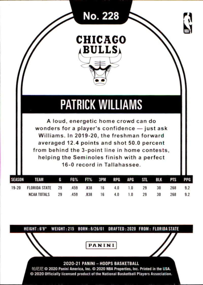 Amazon.com: 2020-21 Hoops #228 Patrick Williams RC Rookie Chicago