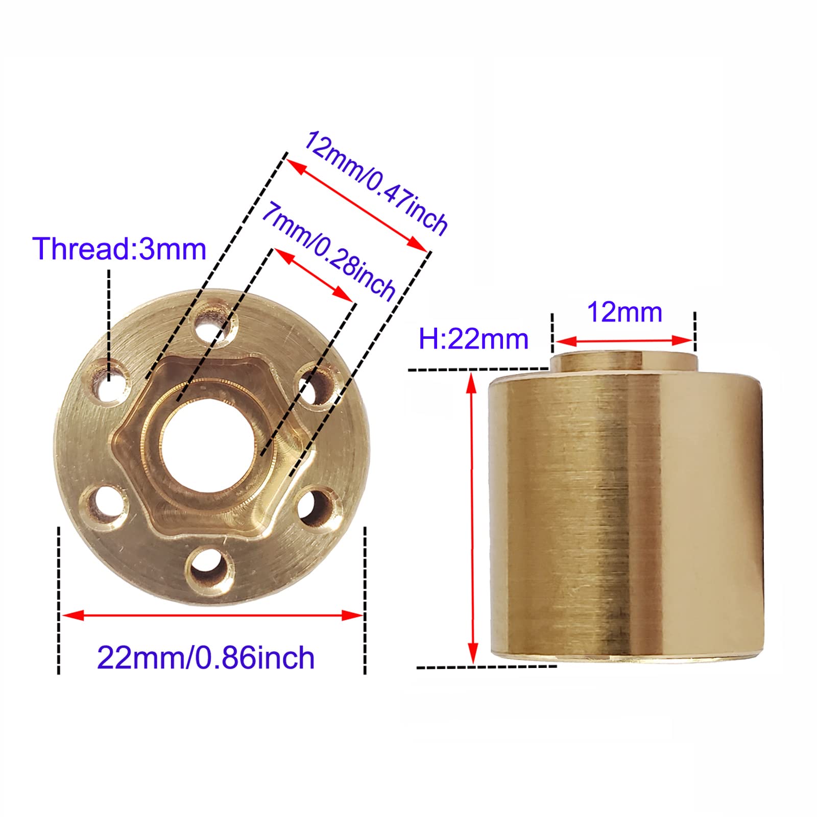 AMOGOT 4Pcs Brass Weights RC 12mm Hex Wheel Hub Adapters for 1.9/2.2inch Beadlock Wheel Rim Widen Adapter Axial Scx10 90046 Trx4 Wraith Gen7 Gen8 D90 CC01 1/10 RC Crawler (22mm W)