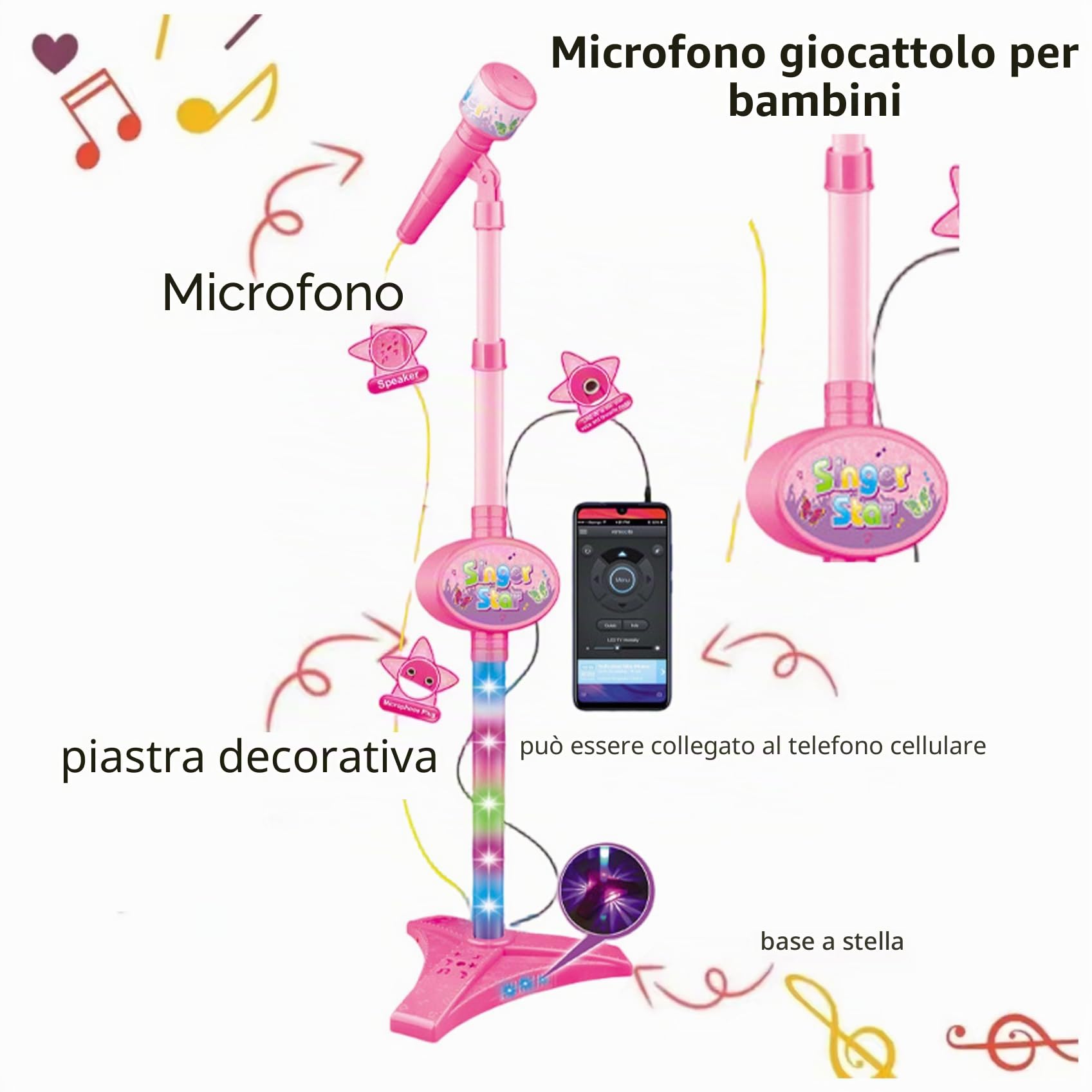 Chitarra e Microfono per Bambini, Chitarra Giocattolo con Musica e Luce Microfono per Bambini 2 in 1 Regolabile in Altezza con Supporto Strumenti Giocattolo per l'apprendimento