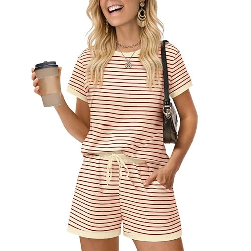 Marvmys Womens Pajamas Set 2 Piece Striped Pj Set Soft Pajamas Casual Short Sleeve Top and Shorts Sleepwear Set S-2XL Small Red Striped