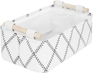 Tiny Basket Toy Basket Organizer Storage Bin, decorative basket for gift empty with Wooden Handles, White Basket as Bathroom Towel Basket, Toilet Basket or Magazine Book Basket, Dog or Cat Toy Basket