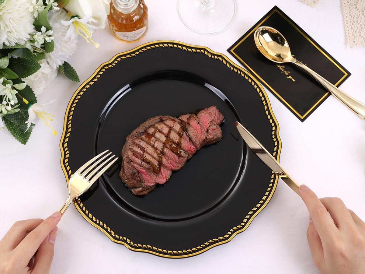 Hioasis 60pcs Balck Plastic Plates - Black and Gold Disposable Dinnerware with Gold Rim, Heavy-duty, 10.25 inch, Dinner Plates for Party & Wedding - Image 2