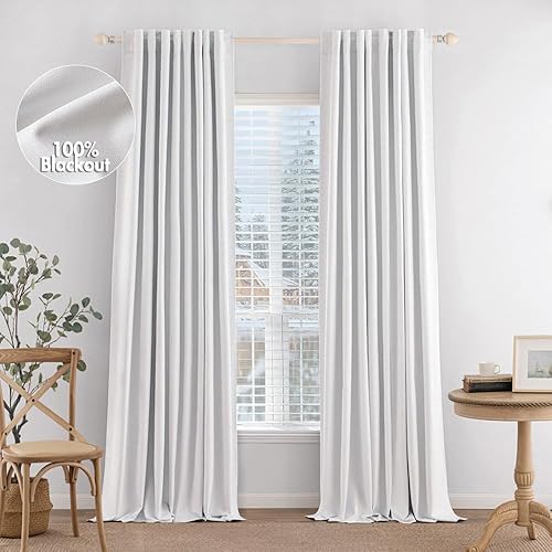 MIULEE 100% Blackout Curtains 90 inches Long Linen Curtains & Drapes for Bedroom Back Tab Living Room Darkening Full Black Out Window Curtain Panels Rod Pocket, White, 2 Panels Set