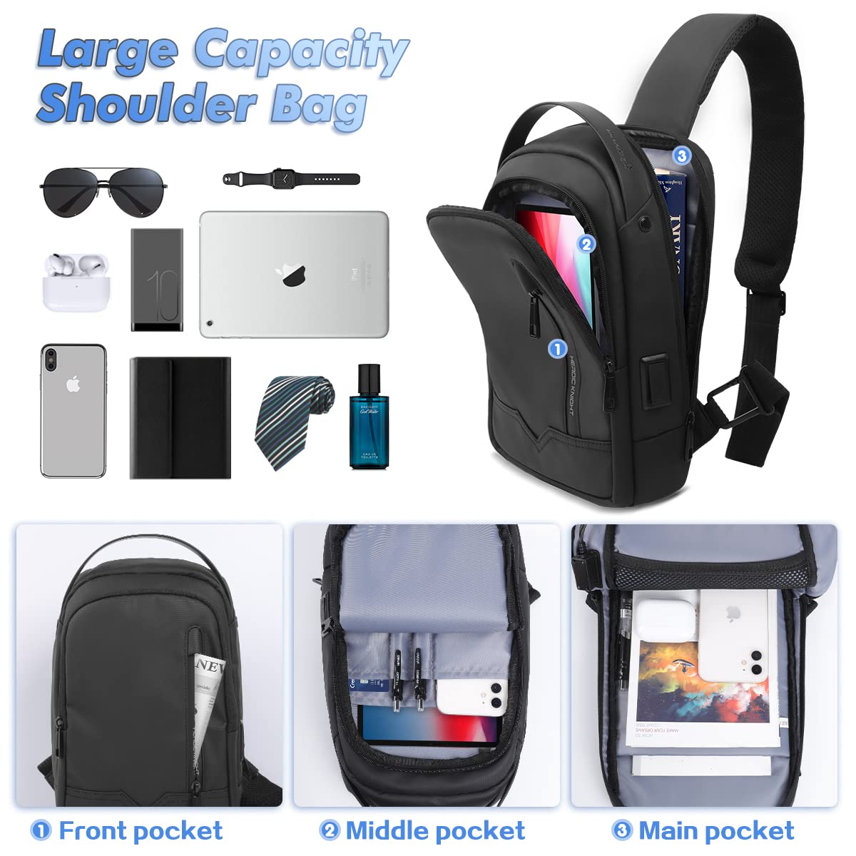 hk Bolso Hombre Bandolera, Bolso Cruzado de Hombro 9.7''con USB Mochila Práctica Paquete Impermeable para Trabajo y Ocio Viaje Deporte Oficina Unversidad