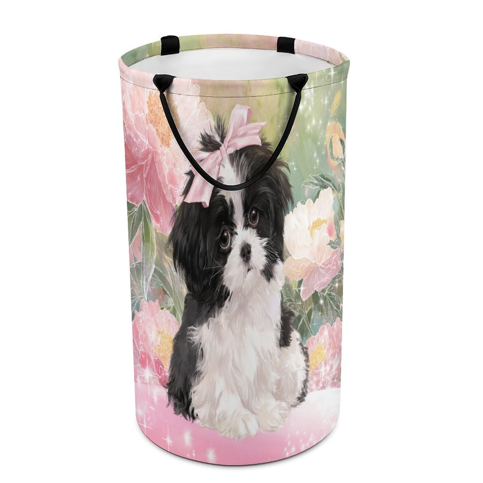 LUYYSKY Classic Realistic Dogs Puppies Versatile Storage Laundry Basket, Cute Oil Painting Plant Flowers Animals Dogs Pattern Large Capacity Bathroom Hamper With Handle