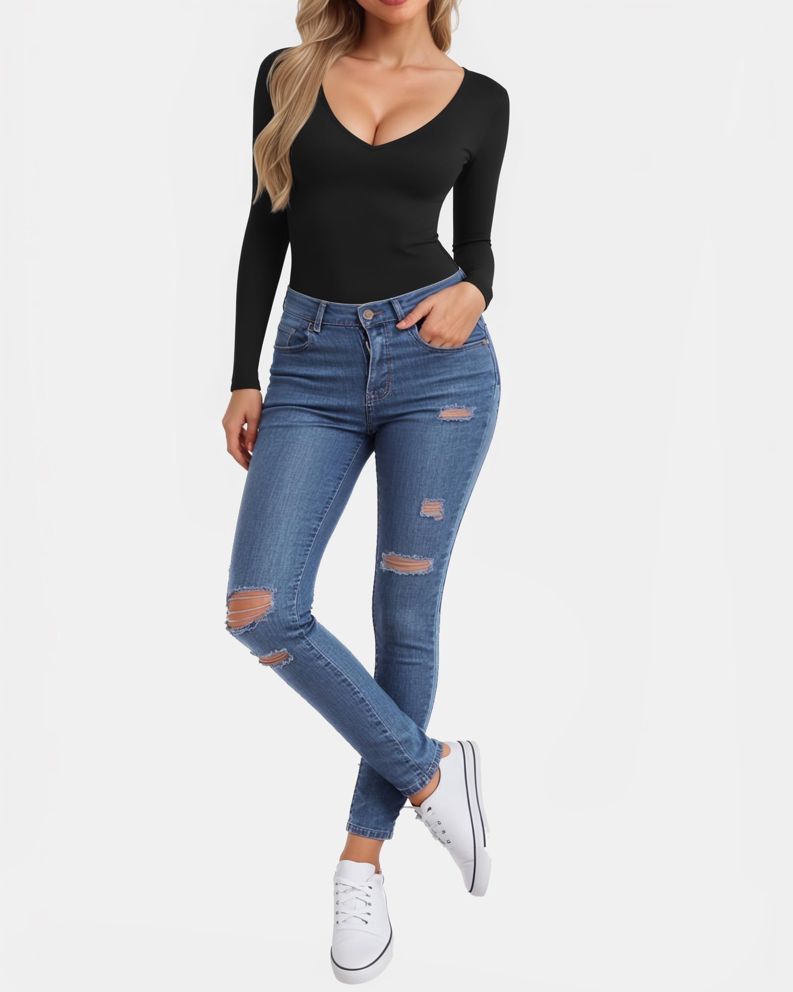 CLOZOZ Camisetas con cuello en V para mujer, ajustadas, ajustadas, básicas