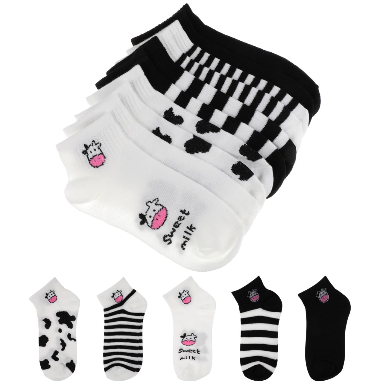 BESPORTBLE 5 pares Calcetines Cortos de Algodón para Mujer con Estampado de Vaca y Diseño Elástico y Transpirable para Adolescentes y Diario