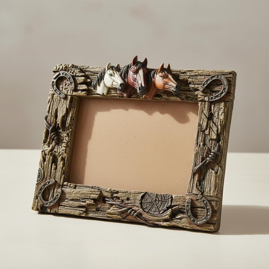Comfy Hour 10.7" Horse Figurine Photo Frame, Rustic Antique Vintage 7x5 Picture Frame for Home Decor, Western Style Horsehead Statue for Office, Brown Resin
