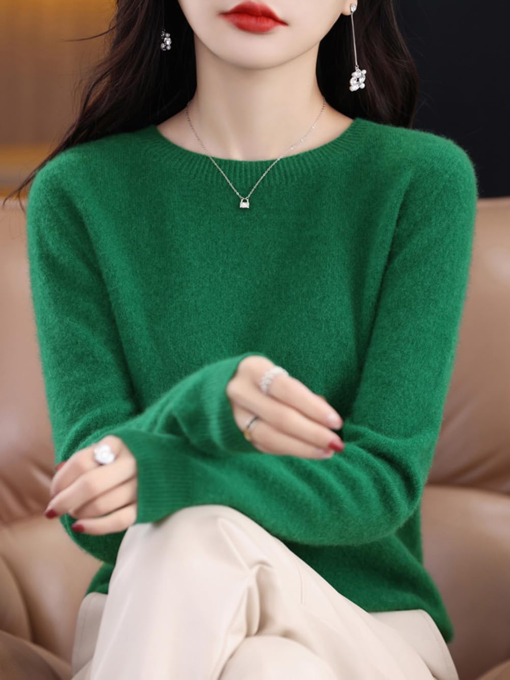 100% Merino Wool Sweaters Women's Fall Winter Warm Soft Knitted Loose Pullover Round Neck Long Sleeves(202)