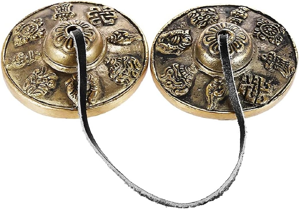 Numeroastro Brass Tingsha Bell with Lucky Symbols for Meditation (Tibetan Cymbals) (7.5 Cms Approx) (1 Pc)