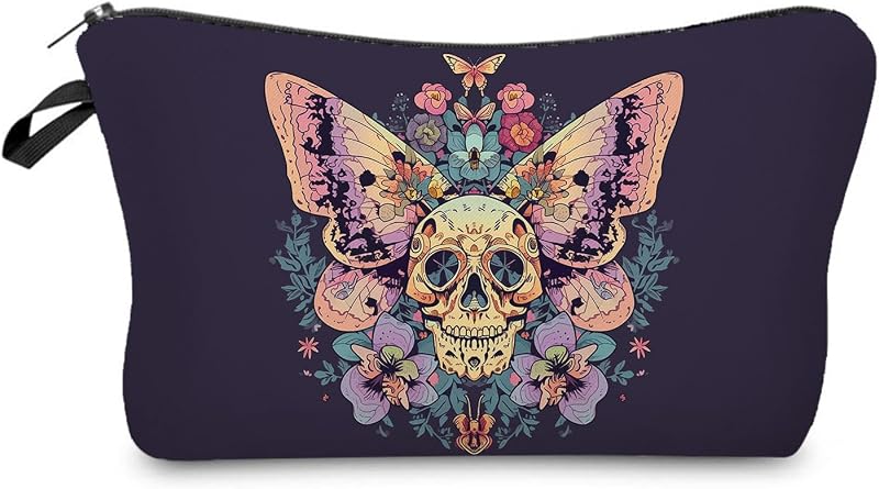 Necessaire de maquiagem Livel lhood Skull Butterfly com zíper, 20,07 x 5,08 x 13,59 cm
