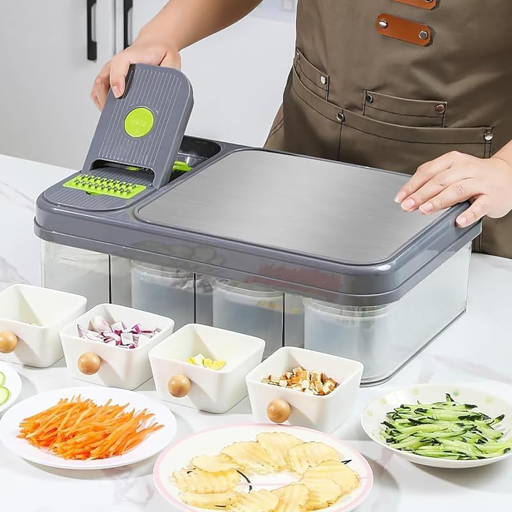 Hachoir à légumes 12 en 1 avec planche à découper et 4 récipients – Ensemble de mandoline 28 pièces, station de préparation intégrée avec panier égouttoir