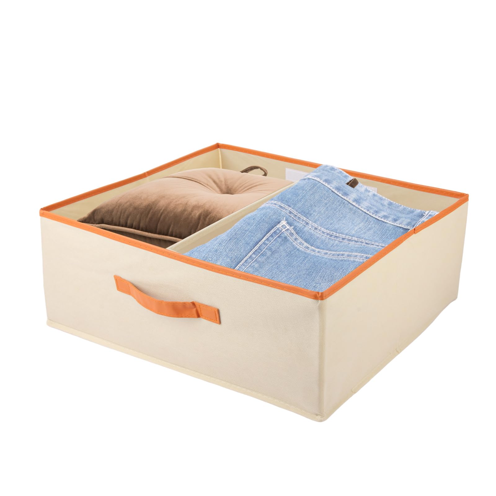 ASelected Large Set of 2 Storage Boxes 50 x 40 x 20 CM Cupboard Organiser with Leather Handle and Divider Fabric Storage Box Foldable for Wardrobe Clothes, Books(Beige)