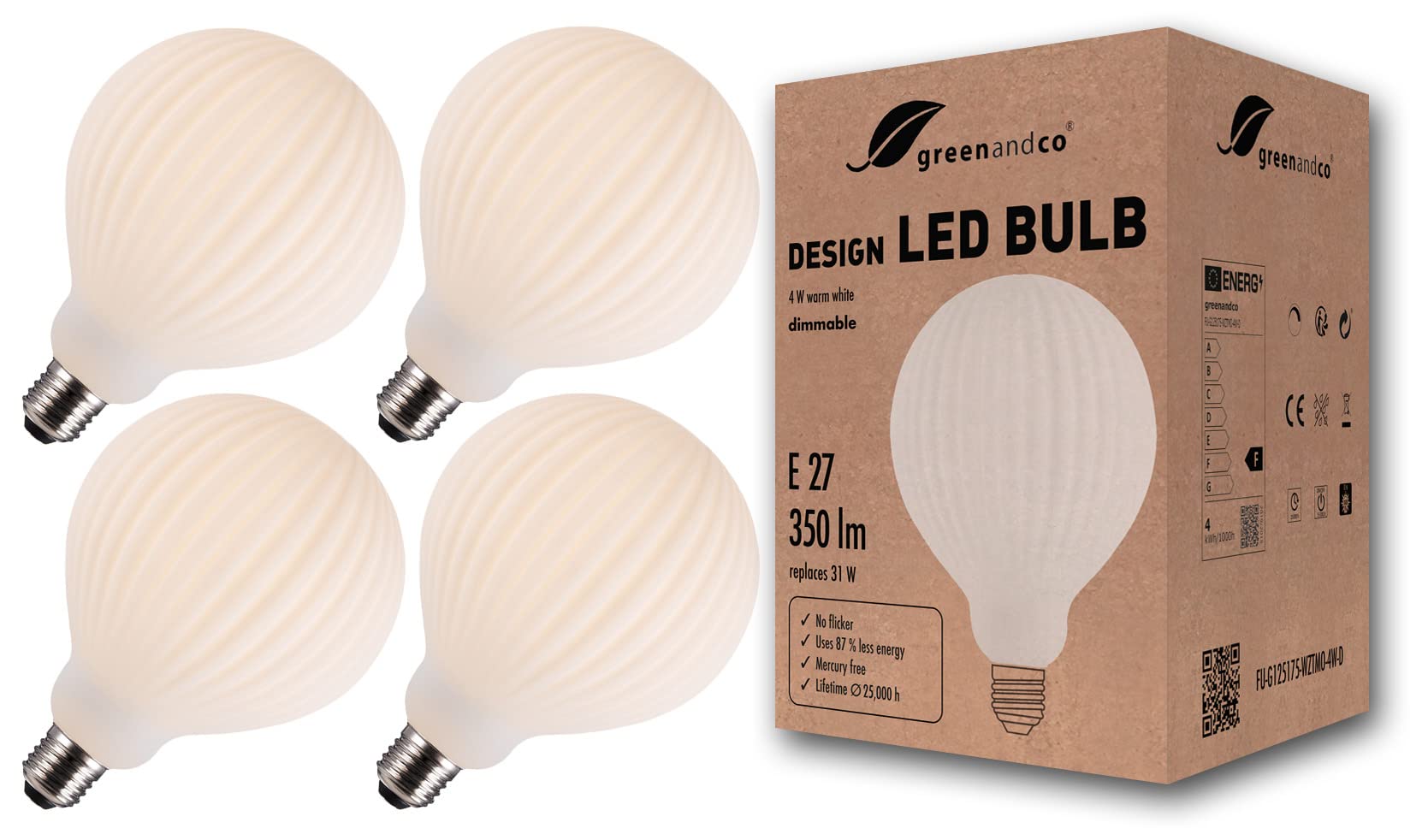 greenandco 4x bombilla LED regulable estilo vintage ópalo con rayas E27 G125 4W 350lm CRI90+ 3000K (blanco cálido) 360° 230V, sin parpadeo