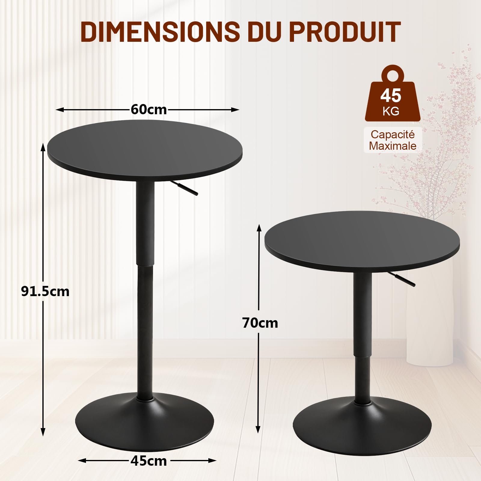 2er Set 2in1 Bartisch Runder Bistrotisch, Stehtisch 360° Drehbar Höhenverstellbar 70–91.5cm, Ø 60cm Partytisch aus Metall für Klub Wohnzimmer Küche Balkon Bar, Schwarz
