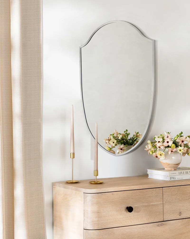 Irregular Brushed Nickel Arched Metal Bathroom Mirror Accent Symmetrical Brushed Silver Wall Mirror for Dresser, Mantel or Bedroom