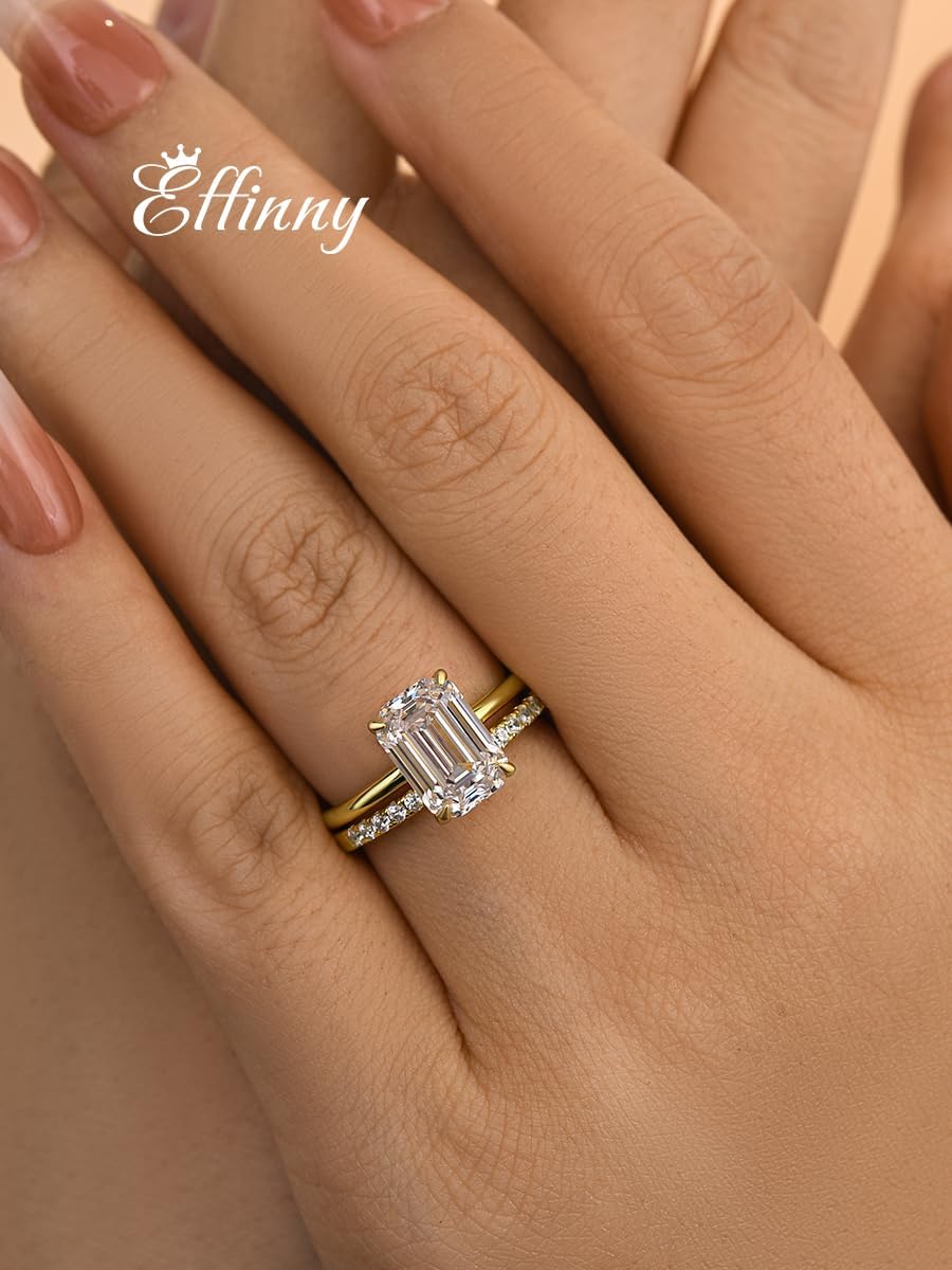 3.5ct Elongated Emerald Cut Wedding Ring Set,Solitaire Engagement Ring with Half Eternity Wedding Band,925 Silver Bridal Ring Set