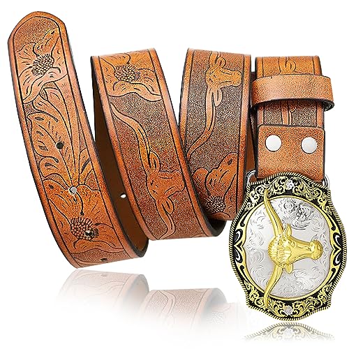 Mens Western Leather Buckle Belts, Cowboy Long Horn Bull Belt Buckles Rodeo Large Buckle Brown Belts, 38mm Wide