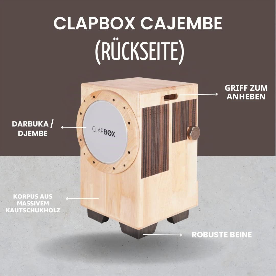 Clapbox Cajembe Cajon (4 Instrumente in 1) - Kautschukholz (H:50 W:30 L:30) 3 interne Snares, Natur
