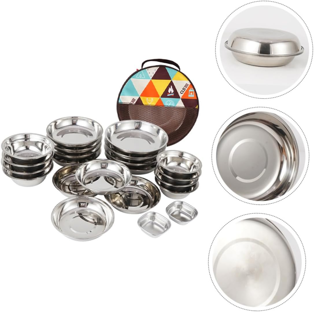 Wakauto Portable Outdoor Dining Stainless Steel Camping Tableware Picnic Plates Bowls Corrosion-Resistant Lightweight for Hiking BBQ and Family Trips