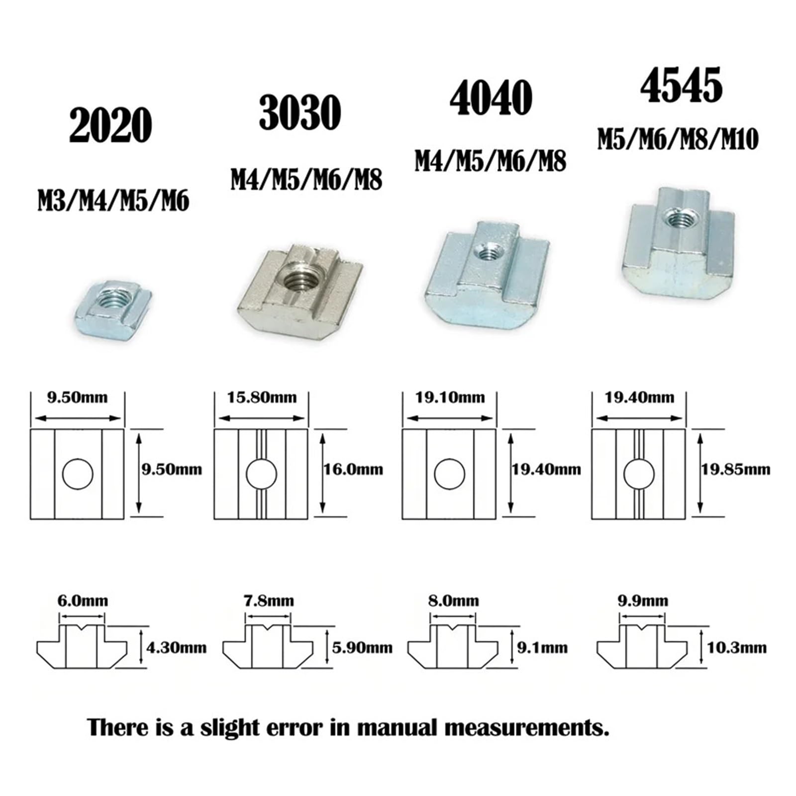 T-Nut-Gleitmuttern, Schiebe T Muttern for 2020 3030 4040 4545 Aluminium Profile M3 M4 M5 M6 M8 M10 Gewinde(2020-M4-100Pcs)
