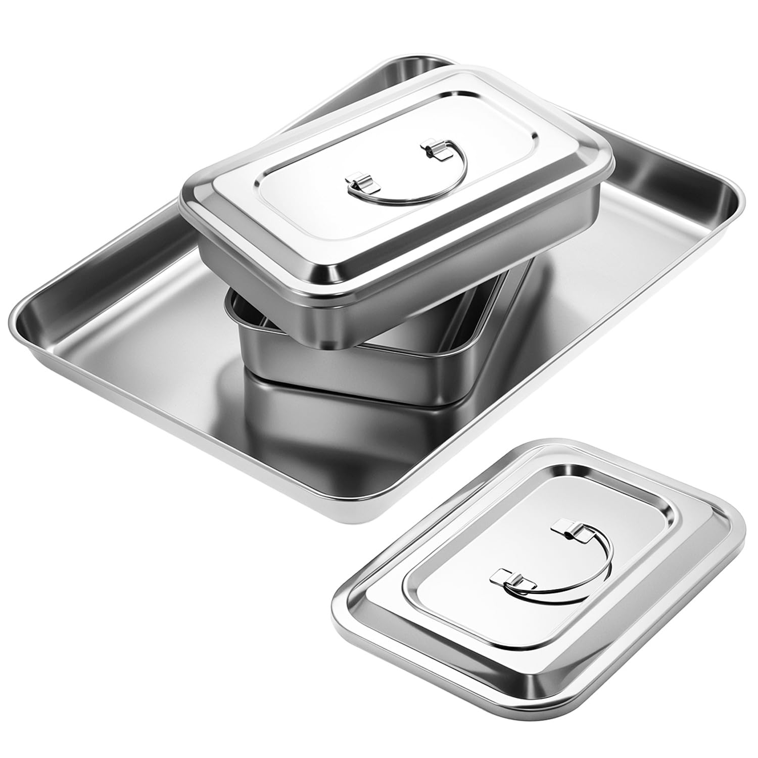 QWORK Vassoio medico, 1 vassoio chirurgico in acciaio inox + 2 vassoi organizer per strumenti con coperchio, 39 x 28 x 43 x 2,5 cm + 24,1 x 16 x 5,1 cm