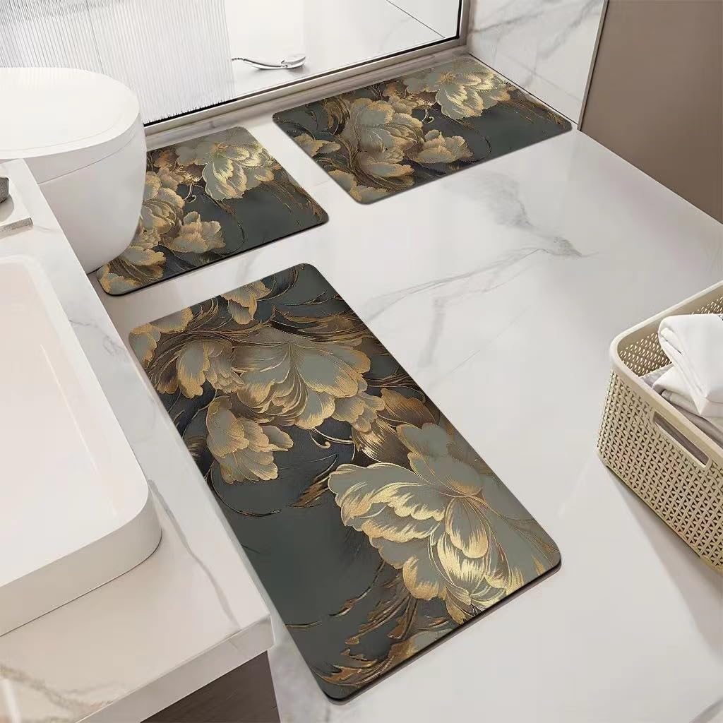 Tappeto Bagno Fiore Grigio Marrone Tappeti Bagno 3 Pezzi Asciugatura Rapida Diatomite Facile da Pulire Doccia Antiscivolo Assorbente Set Tappeti 3 Pezzi