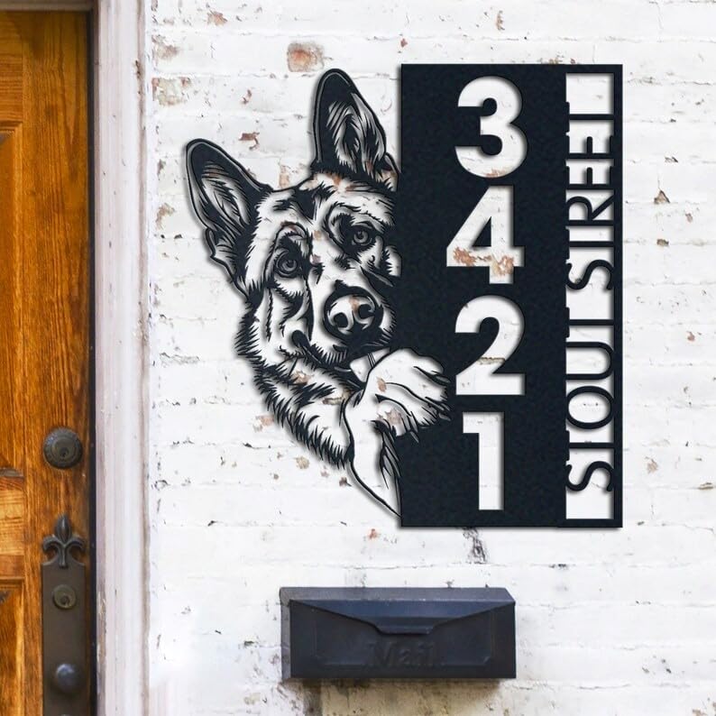 Personalized German Shepherd Address Sign - Custom Metal House Number Plaque, Durable Outdoor Yard Sign, Dog Lover Home Decor. (German Shepherd