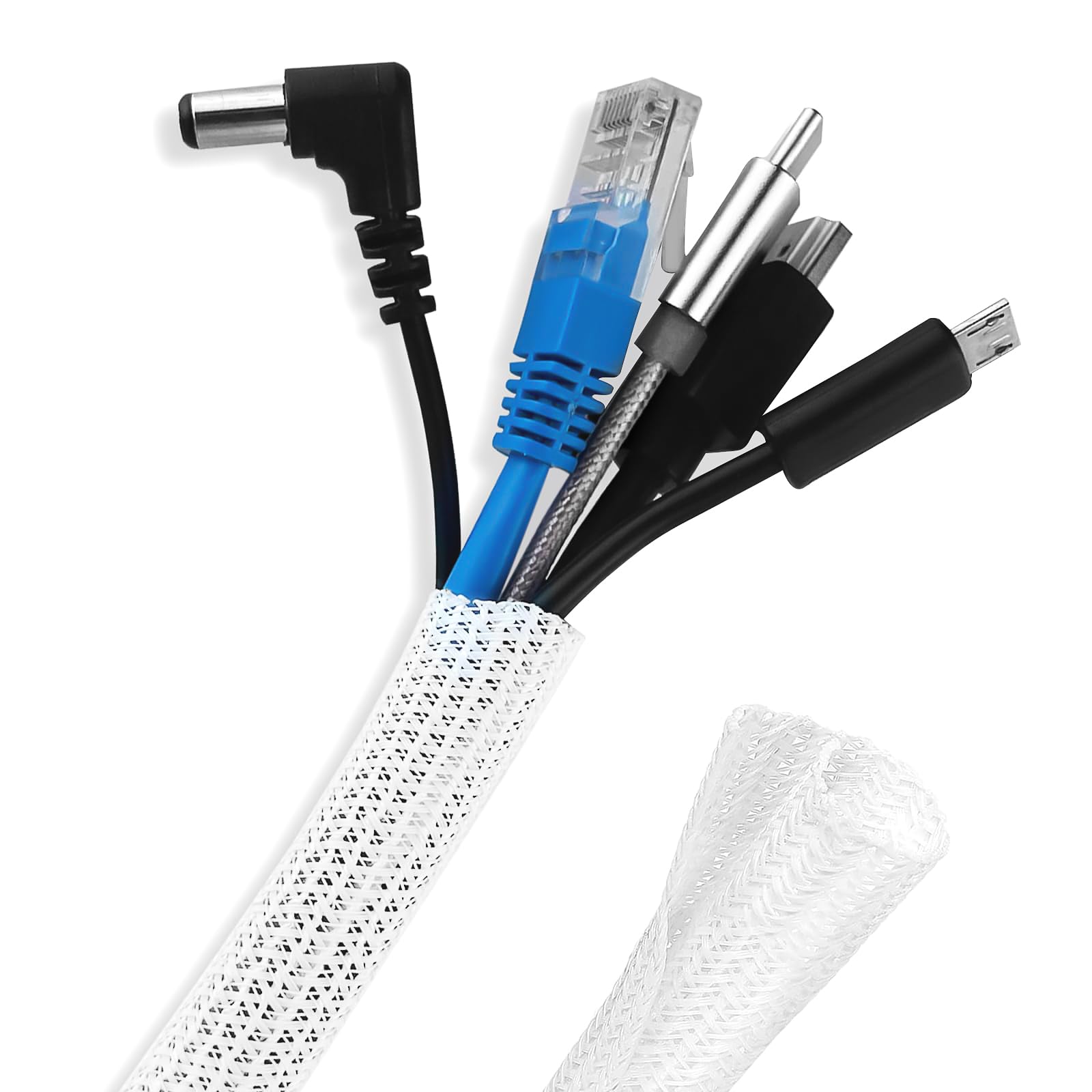Nutabevr 13mm Guaina Cavi Self-closing, 3 m Raccogli Cavi Nascondi ,Flessibile Intrecciata per TV/Computer Ufficio Casa Auto, bicicletta Bianco