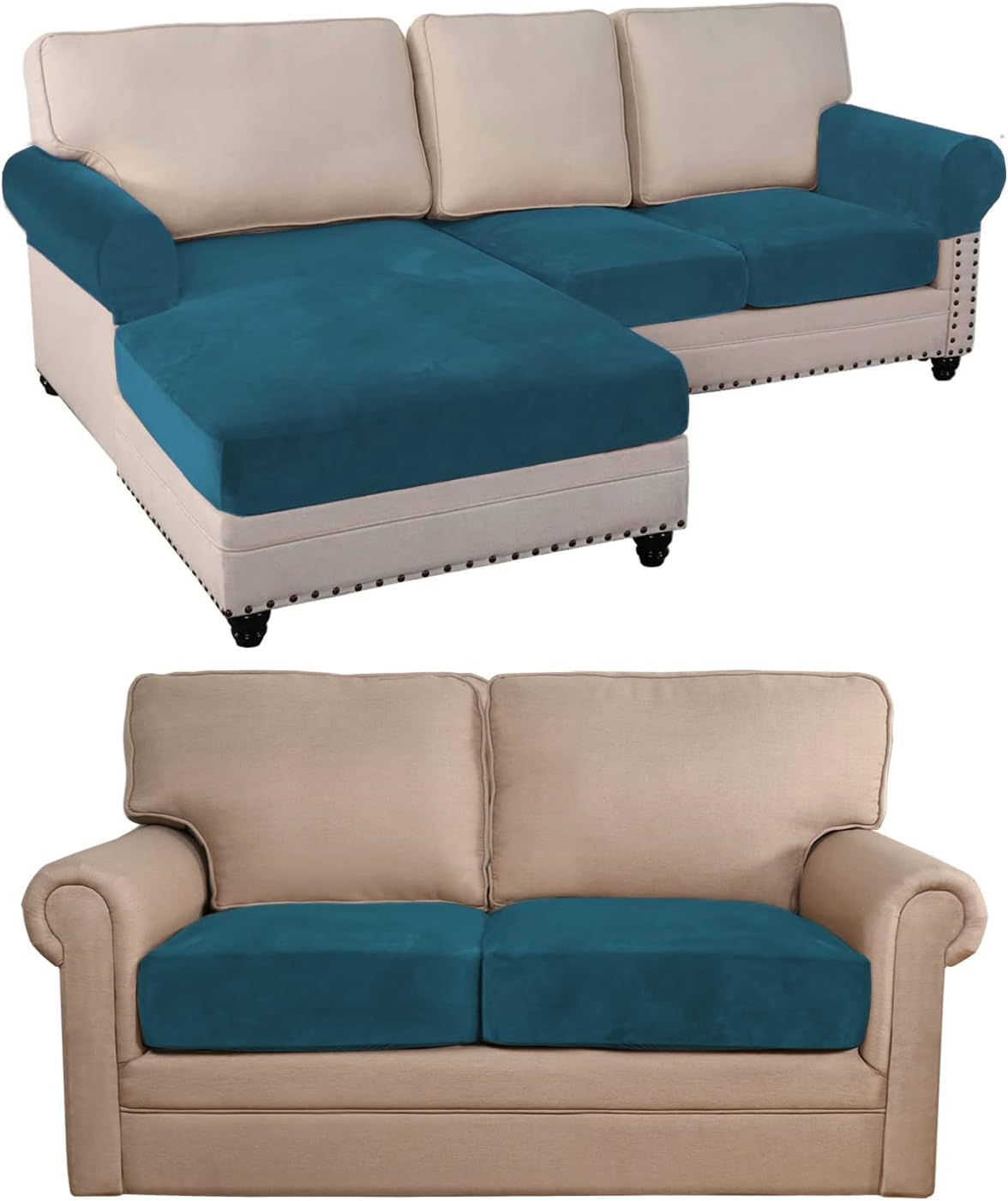 PrinceDeco Sectional Sofa L Shape Couch Cushion Covers and Armchair Covers and Individual Cushions Sofa Cushion Covers Bundle, Furniture Protector, Plaid Pattern, Removable and Washable, Deep Teal