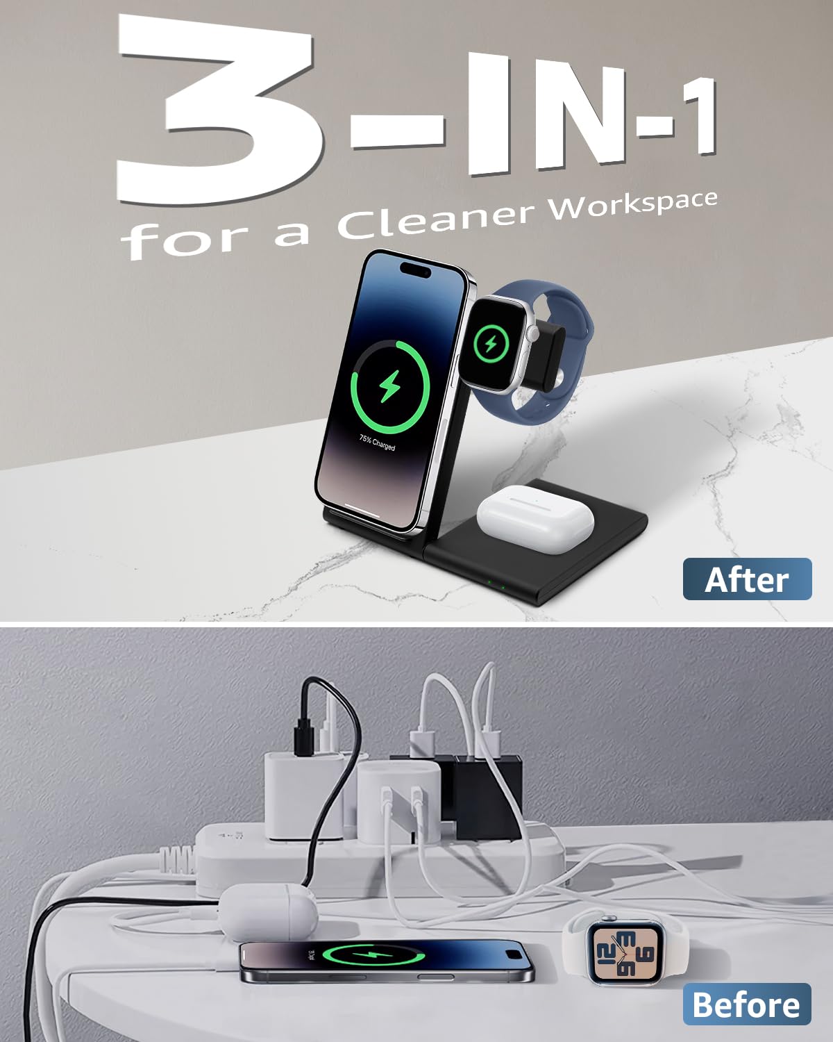 Stazione di ricarica wireless pieghevole 3 in 1 per dispositivi Apple, supporto caricabatterie wireless veloce da 15 W per iPhone 17/16/15/14/13 /Plus/Pro/Pro Max/12/11, Apple Watch 10/9/8/7/Ultra2