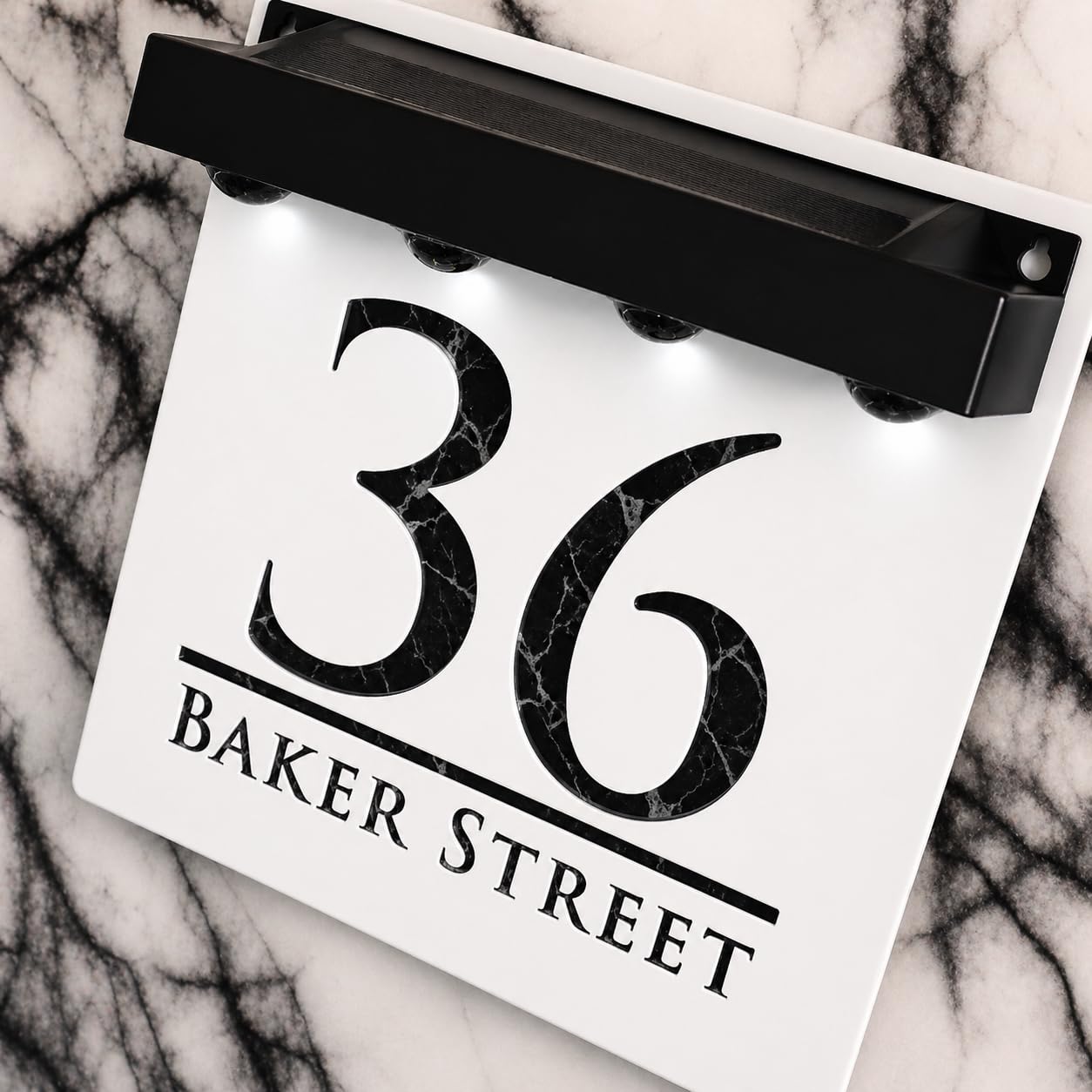 K Smart Sign | Bellissima S1 LED F32 | Square Solar Light House Signs Door Number Plaques With LED Personalised Name Address Sign For Wall With Classic Text (Matt White & Black Marble)