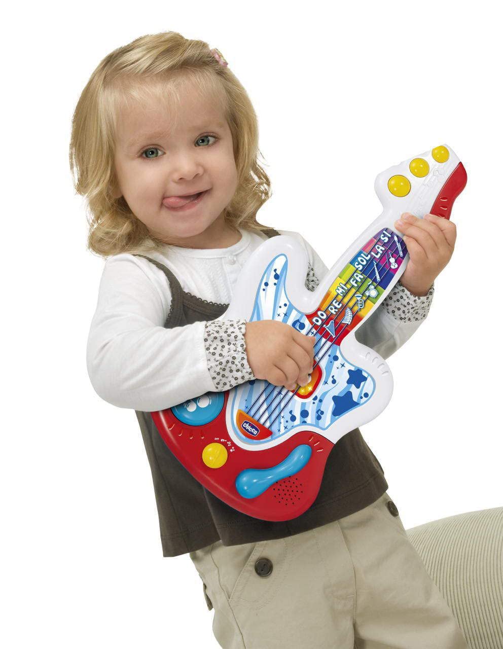Chicco La mia prima chitarra, chitarra elettronica interattiva per imparare strumenti e note musicali, giocattolo educativo evolutivo, 3 modalità di gioco, +90 suoni e melodie, per bambini da 9 mesi a