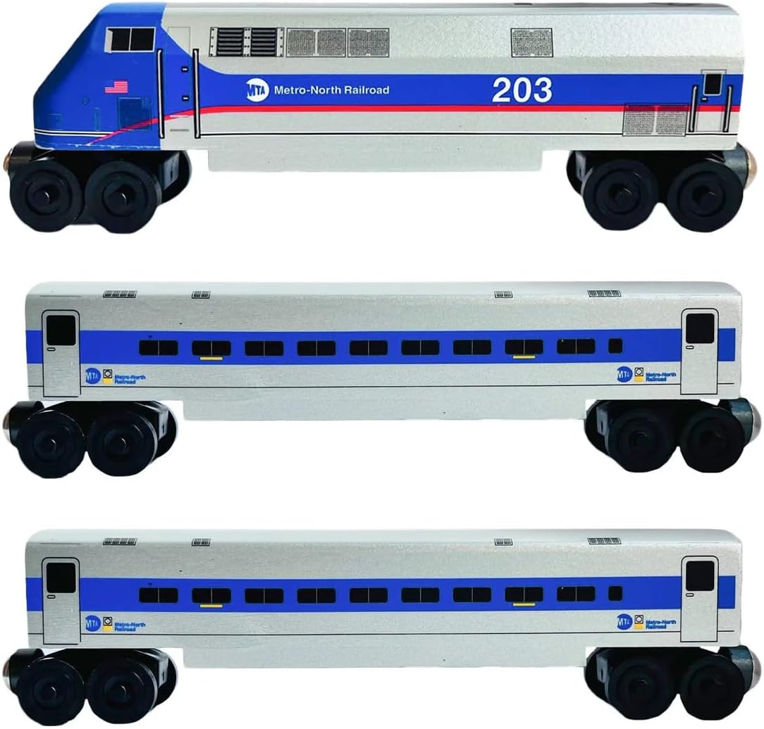 Whittle Shortline Metro-North P42 Genesis Wooden Train Set - 3pc Handcrafted USA Commuter Trains, Compatible Major Tracks