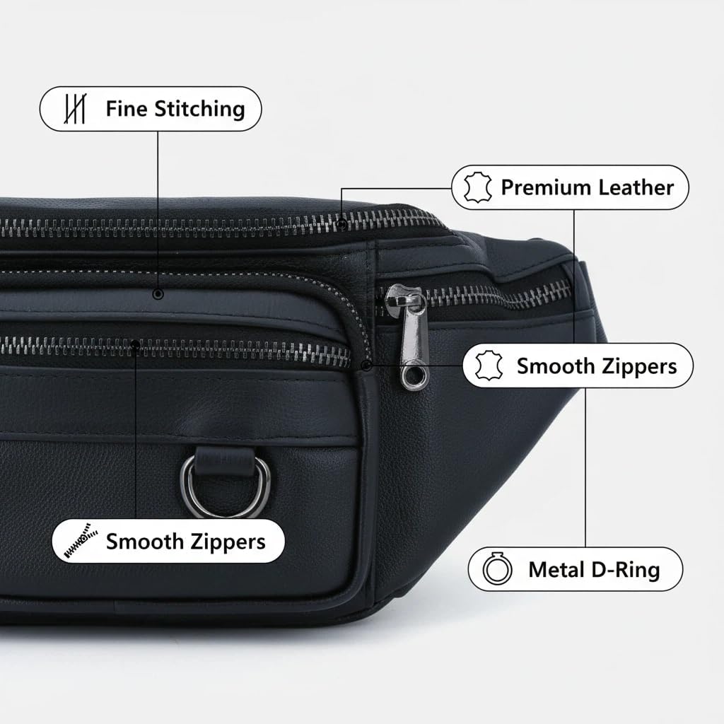 Leather Waist Pack for Men, Large Belt Bag with Multiple Compartments, Adjustable Strap up to 47.2 Inches, for Everyday Use, Hiking, Cycling, Fishing (Black)