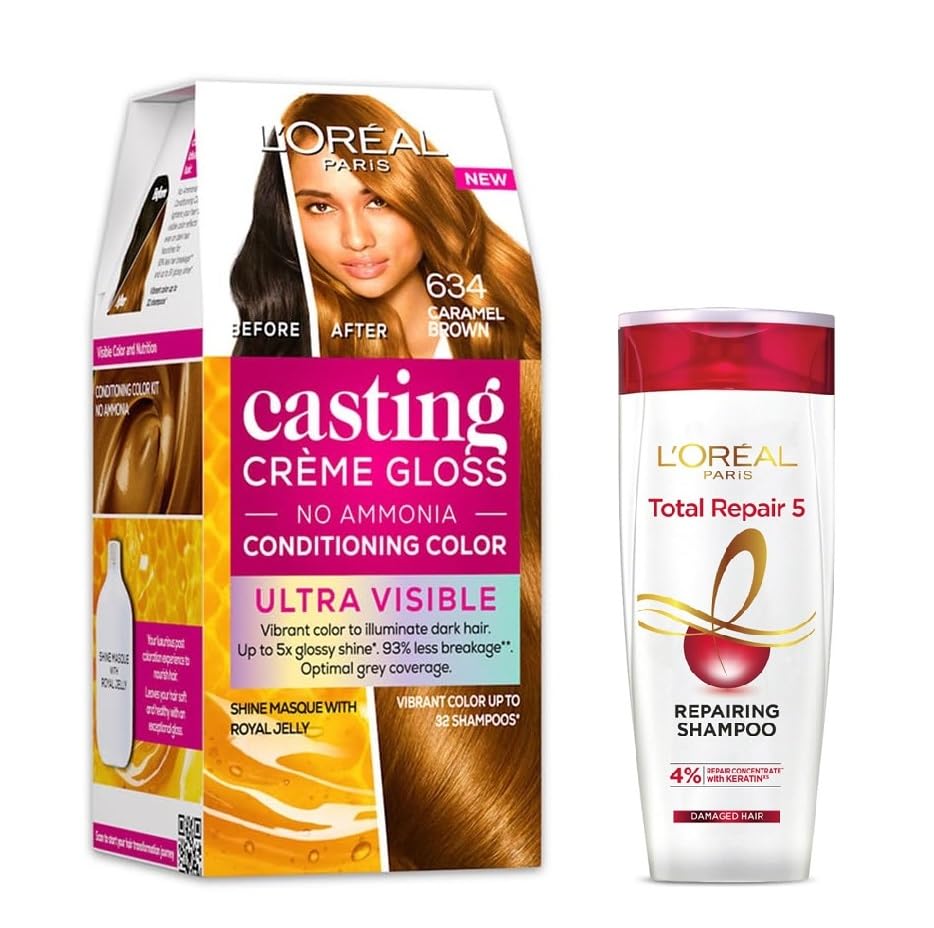 L’Oreal Paris Casting Creme Gloss Ultra Visible Hair Color – 634 Caramel Brown (100g + 60ml) + Total Repair 5 Shampoo 82.5ml