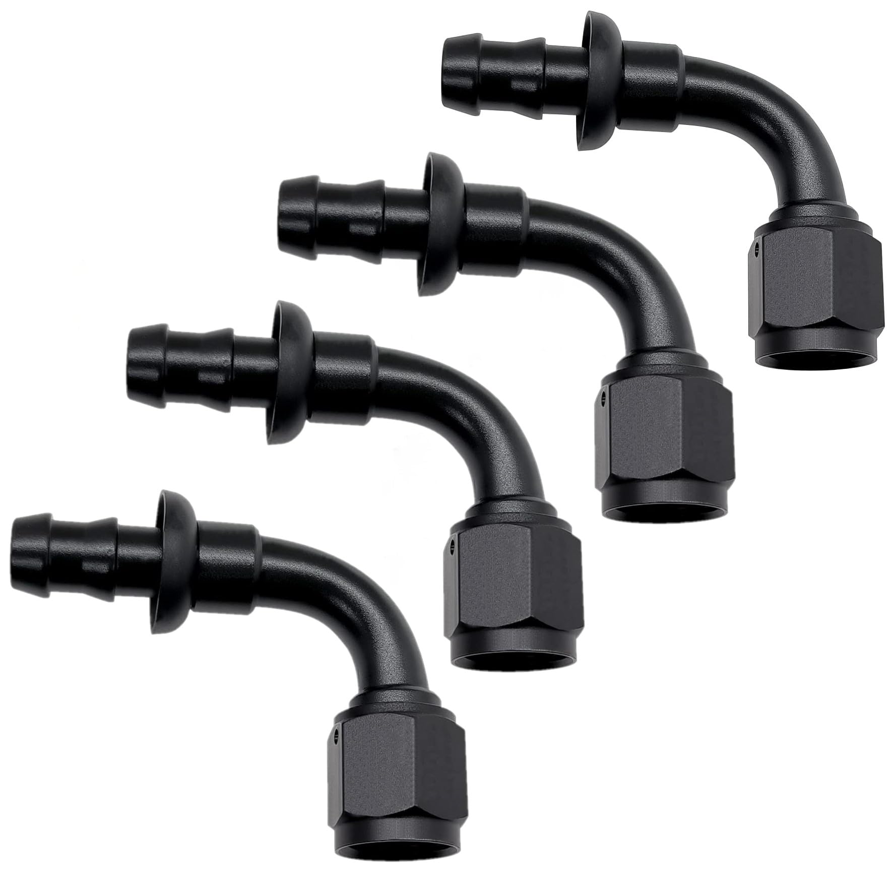 YSIL 6AN Female to 3/8” Hose ID Barb 90 Degree Swivel Aluminum Push Lock Hose End Fitting for Rubber Fuel Line Black 4PCS