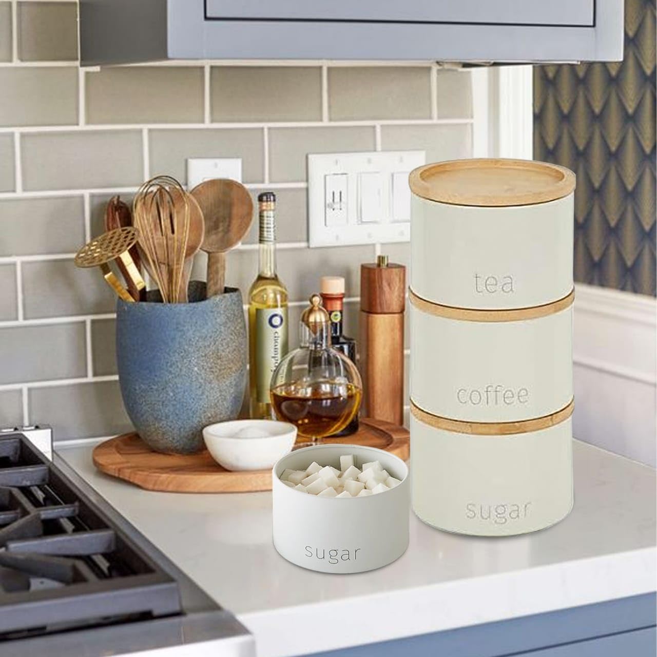 SAFRI 3 Pieces Jar with Wooden Lid Tea Coffee Sugar Canister Storage Container Bowl Pots Kitchen Storage Tins (White) - Image 3
